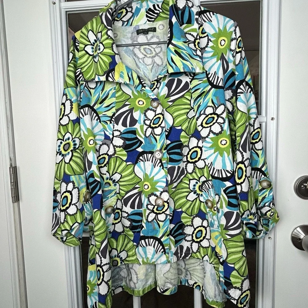 For Cynthia Linen Blend Floral Print Button Down Top Roll Tab Cuff Tunic Size L‎